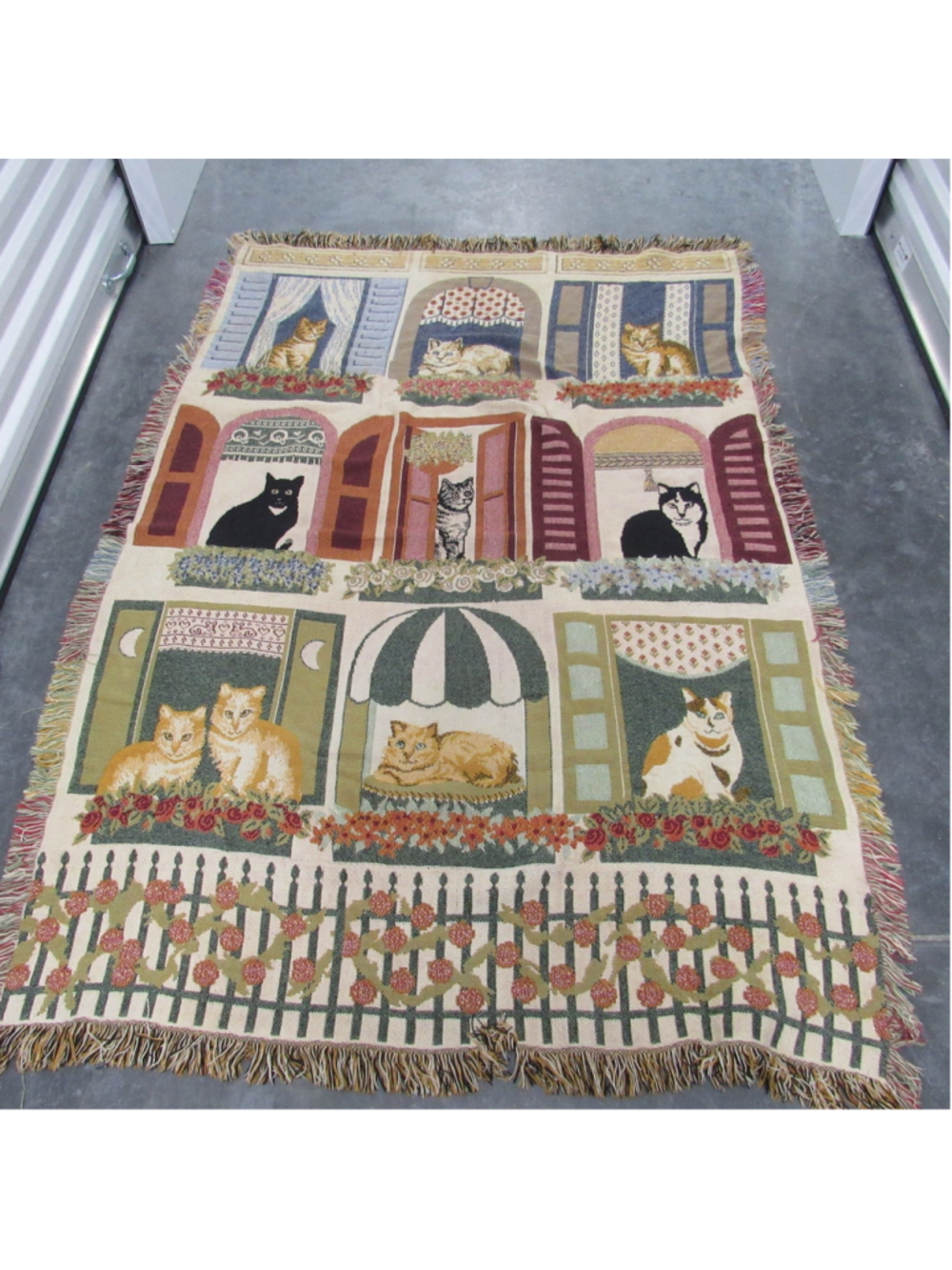 Vintage Woven Tapestry Cat Blanket Throw Fringed Kitty Windows 90s Boho 46x66
